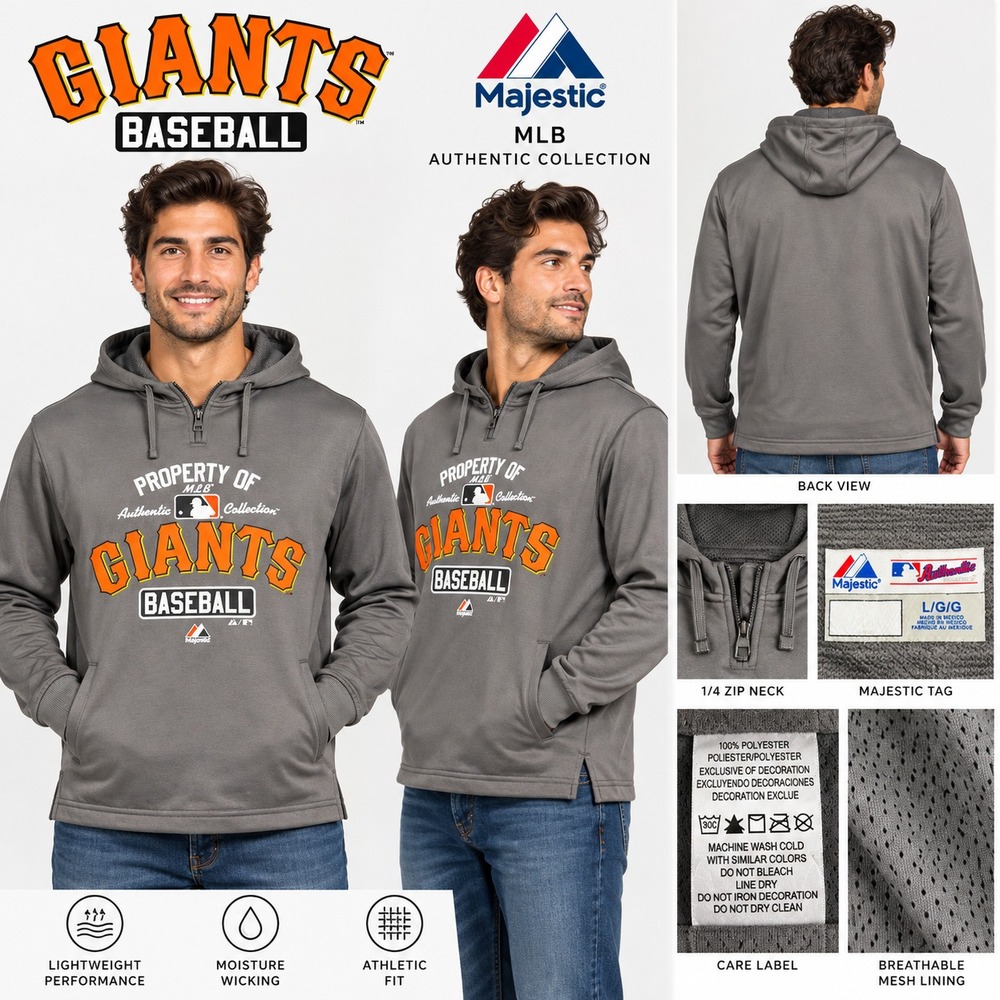 Majestic San Francisco Giants Mens Large Gray MLB Baseball 1/4 Zip Hoodie